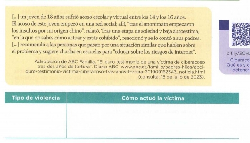 [...] un joven de 18 años sufrió acoso escolar y virtual entre los 14 y los 16 años. 
El acoso de este joven empezó en una red social; allí, “tras el anonimato empezaron 
los insultos por mi origen chino'', relató. Tras una etapa de soledad y baja autoestima, 
“en la que no sabes cómo actuar y estás cohibido”, reaccionó y se lo contó a sus padres. 
[...] recomendó a las personas que pasan por una situación similar que hablen sobre 
el problema y sugiere charlas en escuelas para “educar sobre los riesgos de internet”. bit.ly/3OvL 
Ciberaco 
Adaptación de ABC Familia. 'El duro testimonio de una víctima de ciberacoso Qué es y c 
tras dos años de tortura''. Diario ABC. www.abc.es/familia/padres-hijos/abci- 
duro-testimonio-victima-ciberacoso-tras-anos-tortura-201909162343_noticia.html detener 
(consulta: 18 de julio de 2023).