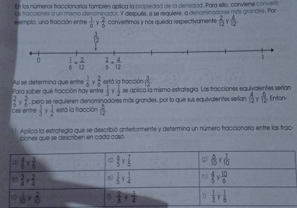 En los números fraccionarios también aplica la propiedad de la densidad. Para ello, conviene convertir
las fracciones a un mismo denominador. Y después, si se requiere, a denominadores más grandes. Por
ejemplo, una fracción entre  1/6  y  2/6  convertimos y nos queda respectivamente  2/12  y  4/12 .
Así se determina que entre  1/6  v  2/6  está la fracción  3/12 .
Para saber qué fracción hay entre  1/3  y  1/2  se aplica la misma estrategia. Las fracciones equivalentes serían
 2/6  y  3/6  , pero se requieren denominadores más grandes, por lo que sus equivalentes serían  4/12  y  6/12 . Enton-
ces entre  1/3  y  1/2  está la fracción  5/12 .
11. Aplica la estrategia que se describió anteriormente y determina un número fraccionario entre las frac-
ciones que se describen en cada caso.