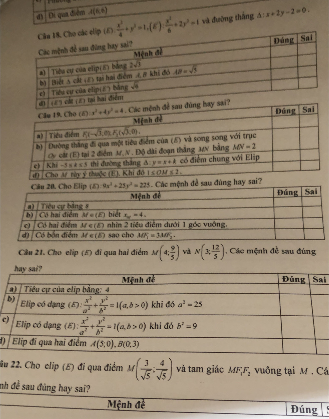 Đi qua điểm A(6,6) △ :x+2y-2=0.
 x^2/4 +y^2=1,(E'): x^2/6 +2y^2=1 và đường thắng
nh đề sau
Câu 21. Cho elip (E) đi qua hai điểm M(4; 9/5 ) và N(3; 12/5 ). Các mệnh đề sau đúng
i
c
1
ầu 22. Cho elip (E) đi qua điểm M( 3/sqrt(5) ; 4/sqrt(5) ) và tam giác MF_1F_2 vuông tại M . Cá
nh đề sau đúng hay sai?
Mệnh đề
Đúng