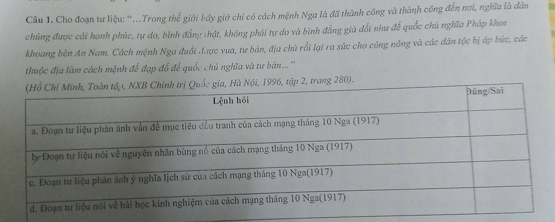 Cho đoạn tư liệu: “..Trong thể giới bây giờ chi có cách mệnh Nga là đã thành công và thành công đến nơi, nghĩa là dân 
chúng được cái hạnh phúc, tự do, bình đẳng thật, không phải tự do và bình đẳng giả dối như đế quốc chủ nghĩa Pháp khoe 
khoang bên An Nam. Cách mệnh Nga đuổi được vua, tư bản, địa chủ rồi lại ra sức cho công nông và các dân tộc bị áp bức, các 
thuộc địa làm cách mệnh để đạp đổ để quốc chủ nghĩa và tư bản...'' 
ang 280).