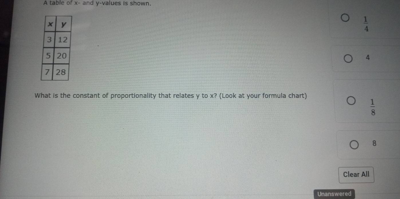 A table of x - and y -values is shown.
 1/4 
4
What is the constant of proportionality that relates y to x? (Look at your formula chart)
 1/8 
8
Clear All
Unanswered