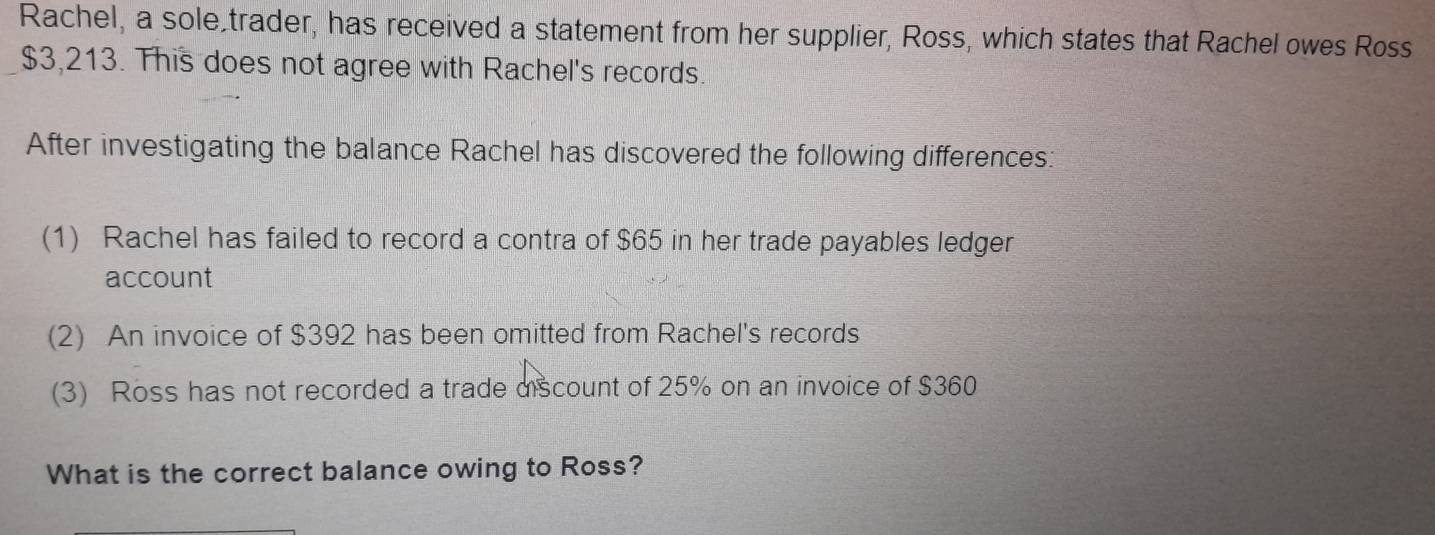 Rachel, a sole trader, has received a statement from her supplier, Ross, which states that Rachel owes Ross
$3,213. This does not agree with Rachel's records. 
After investigating the balance Rachel has discovered the following differences: 
(1) Rachel has failed to record a contra of $65 in her trade payables ledger 
account 
(2) An invoice of $392 has been omitted from Rachel's records 
(3) Ross has not recorded a trade discount of 25% on an invoice of $360
What is the correct balance owing to Ross?