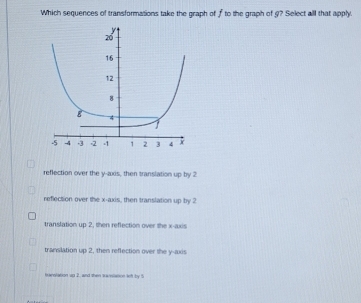 Which sequences of transformations take the graph of f to the graph of g? Select all that apply.
16
12
8
8 4
-5 -4 -3 -2 -1 1 2 3 4 x
reflection over the y -æxis, then translation up by 2
reflection over the x-axis, then translation up by 2
translation up 2, then reflection over the x-axis
translation up 2, then reflection over the y-axis
tanstation up 2, and then wamtation left by 5