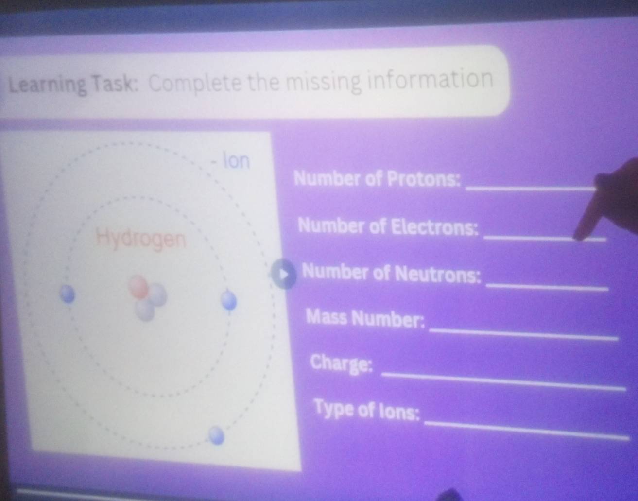 Learning Task: Complete the missing information 
mber of Protons:_ 
umber of Electrons:_ 
_ 
umber of Neutrons: 
_ 
ass Number: 
harge:_ 
_ 
Type of Ions: