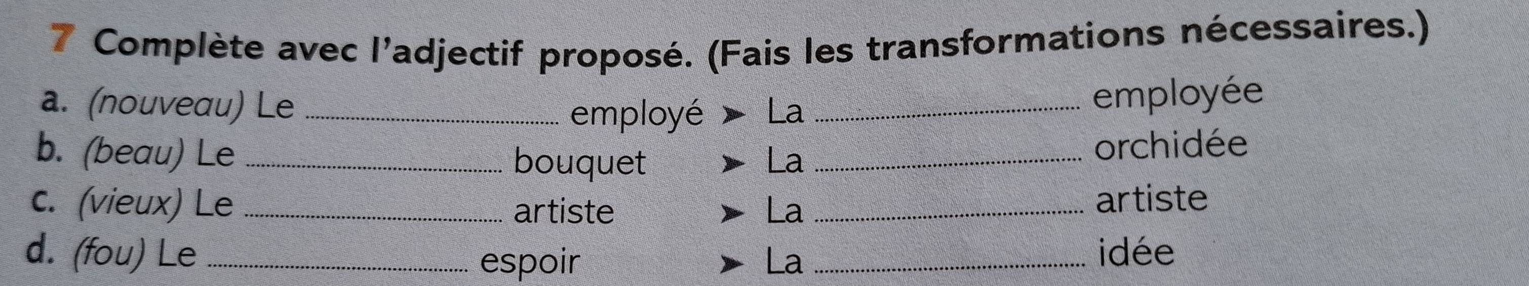 Complète avec l'adjectif proposé. (Fais les transformations nécessaires.) 
_employé employée 
a. (nouveau) Le La_ 
b. (beau) Le _bouquet La_ 
orchidée 
c. (vieux) Le _La_ 
artiste artiste 
d. (fou) Le __idée 
espoir La