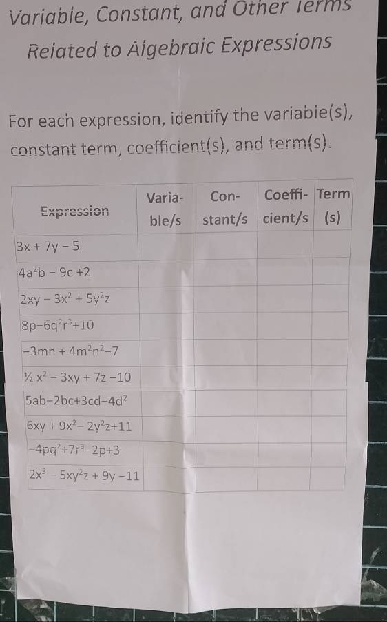 Variable, Constant, and Other ferms
Reiated to Aigebraic Expressions
For each expression, identify the variabie(s),
constant term, coefficient(s), and term(s).