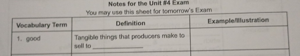 Notes for the Unit #4 Exam 
for tomorrow's Exam