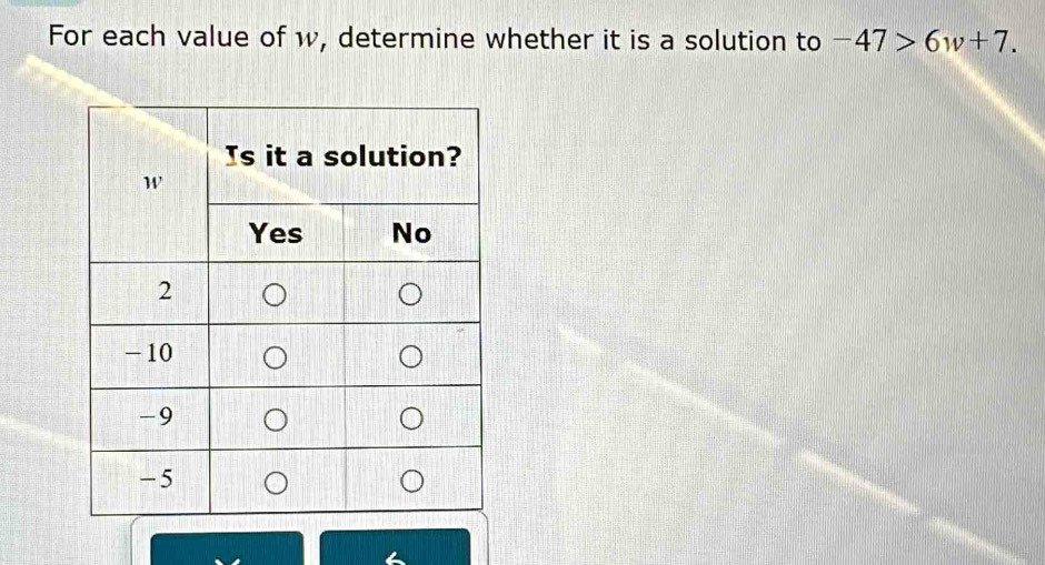 For each value of w, determine whether it is a solution to -47>6w+7.