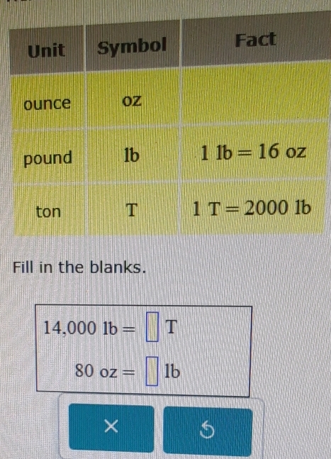 Fill in the blanks.
14,0001b=□ T
80oz=□ 1b
×