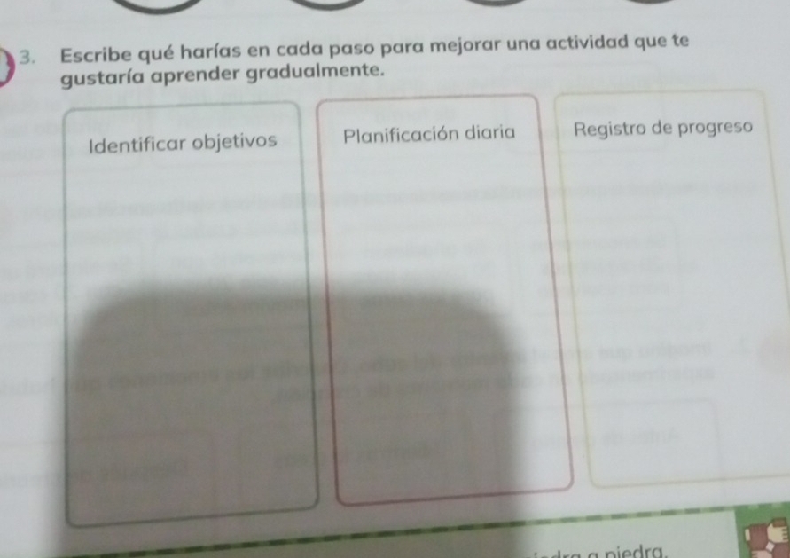 Escribe qué harías en cada paso para mejorar una actividad que te 
gustaría aprender gradualmente. 
Identificar objetivos Planificación diaria Registro de progreso 
a piedra