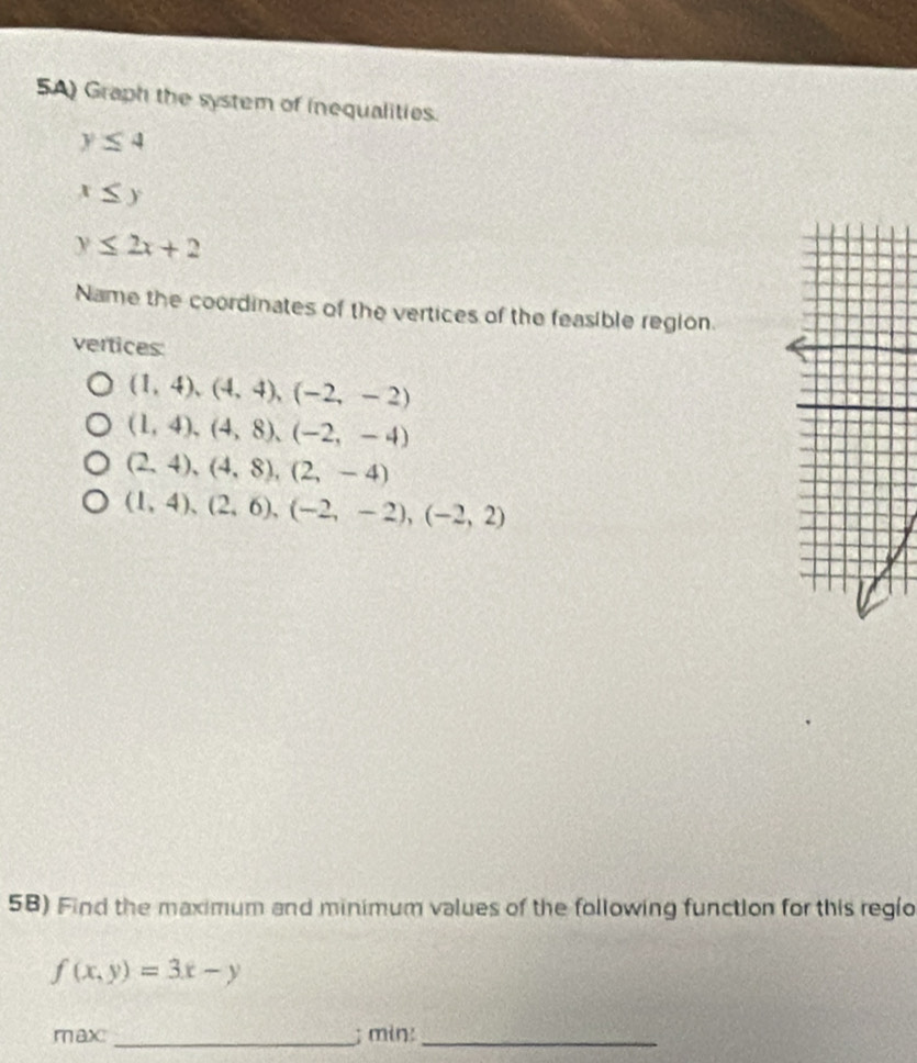 5A) Graph the system of inequalities.
y≤ 4
x≤ y
y≤ 2x+2
Name the coordinates of the vertices of the feasible region.
vertices:
(1,4),(4,4), (-2,-2)
(1,4), (4,8), (-2,-4)
(2,4), (4,8), (2,-4)
(1,4), (2,6), (-2,-2), (-2,2)
5B) Find the maximum and minimum values of the following function for this regio
f(x,y)=3x-y
max _; miŋ:_