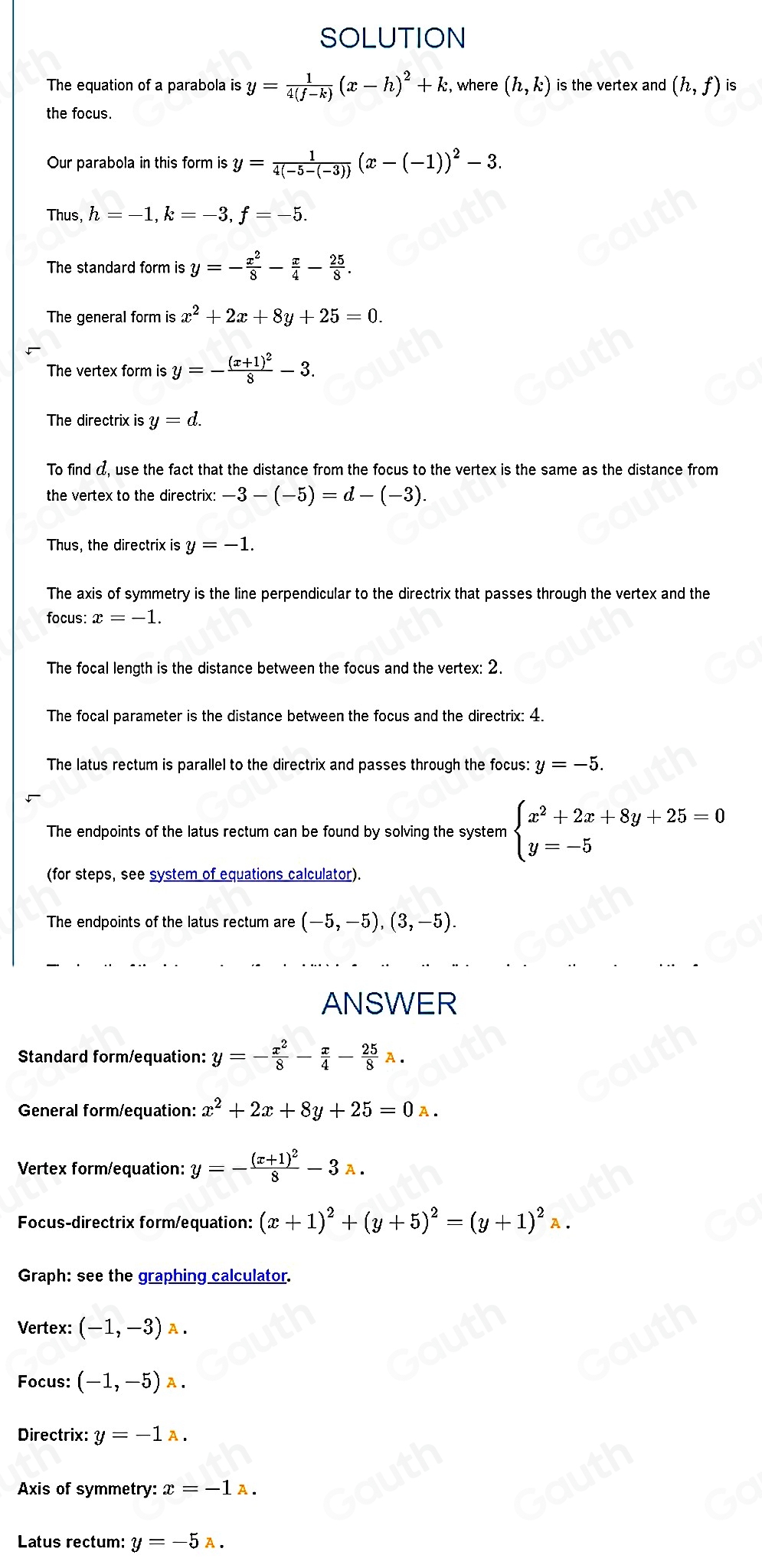Solved: Gavin graphs the parabola (x+1)^2=-8(y+3). How does he proceed ...