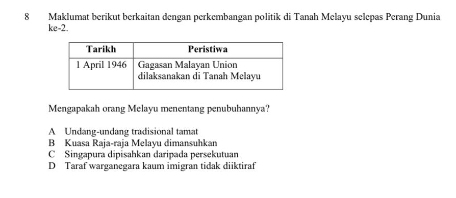 Maklumat berikut berkaitan dengan perkembangan politik di Tanah Melayu selepas Perang Dunia
ke -2.
Mengapakah orang Melayu menentang penubuhannya?
A Undang-undang tradisional tamat
B Kuasa Raja-raja Melayu dimansuhkan
C Singapura dipisahkan daripada persekutuan
D Taraf warganegara kaum imigran tidak diiktiraf