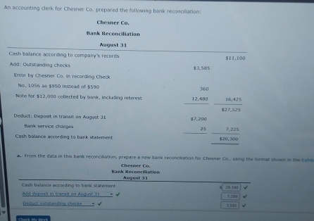 An accounting clerk for Chesner Co, prepared the following bank reconcination: 
Chesner Co. 
Bank Reconciliation 
August 31 
Cash balance according to company's records $11,100
Add: Outstanding checks $3,585
Error by Chesner Co, in recording Check 
No. 1056 as $950 instead of $590
Note for $12,000 collected by bank, including interest 
Deduct: Deposit in transit on August 31 
Bank service charges 
Cash balance according to bank statement
beginarrayr □ beginarrayr 1000 -150endarray 100 hline endarray -000 hline 0000 -0frac 1000endarray . From the data in this bank reconciliation, prepare a new bank reconciliation for Chesner Co_ using the format shown in the Exhe 
Bank Recomcillation Chesner Co 
August 31 
Cash balance according to bank statement 2D.300 7.200
Add deposn in teansit on August 3 
Deduct outstanding checks √ 3.385