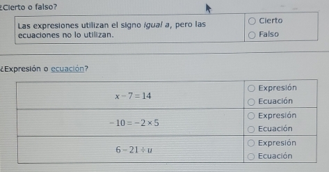 Cierto o falso?
Las expresiones utilizan el signo igual a, pero las Cierto
ecuaciones no lo utilizan. Falso
¿