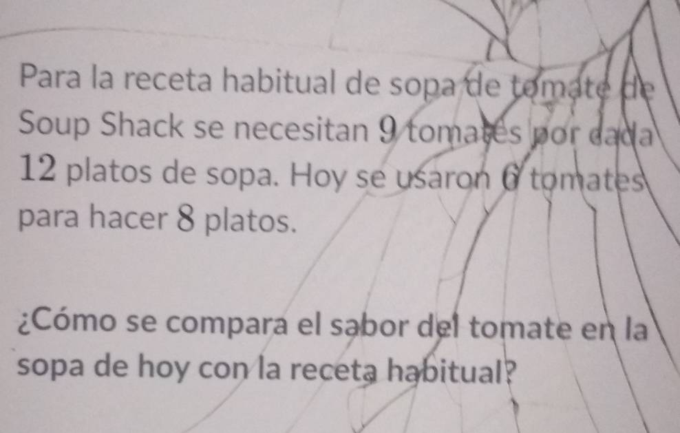 Para la receta habitual de sopa de tomate de 
Soup Shack se necesitan 9 tomates por cada
12 platos de sopa. Hoy se usaron 6 tomates 
para hacer 8 platos. 
¿Cómo se compara el sabor del tomate en la 
sopa de hoy con la receta habitual?