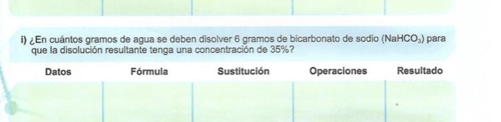 ¿En cuántos gramos de agua se deben disolver 6 gramos de bicarbonato de sodio (NaHCO_3) para 
que la disolución resultante tenga una concentración de 35%?