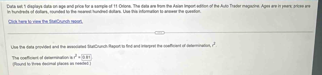 Solved: Data set 1 displays data on age and price for a sample of 11 ...