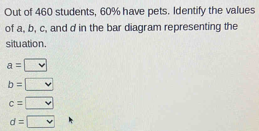 Out of 460 students, 60% have pets. Identify the values
of a, b, c, and d in the bar diagram representing the
situation.
a=
b=
c=
d=