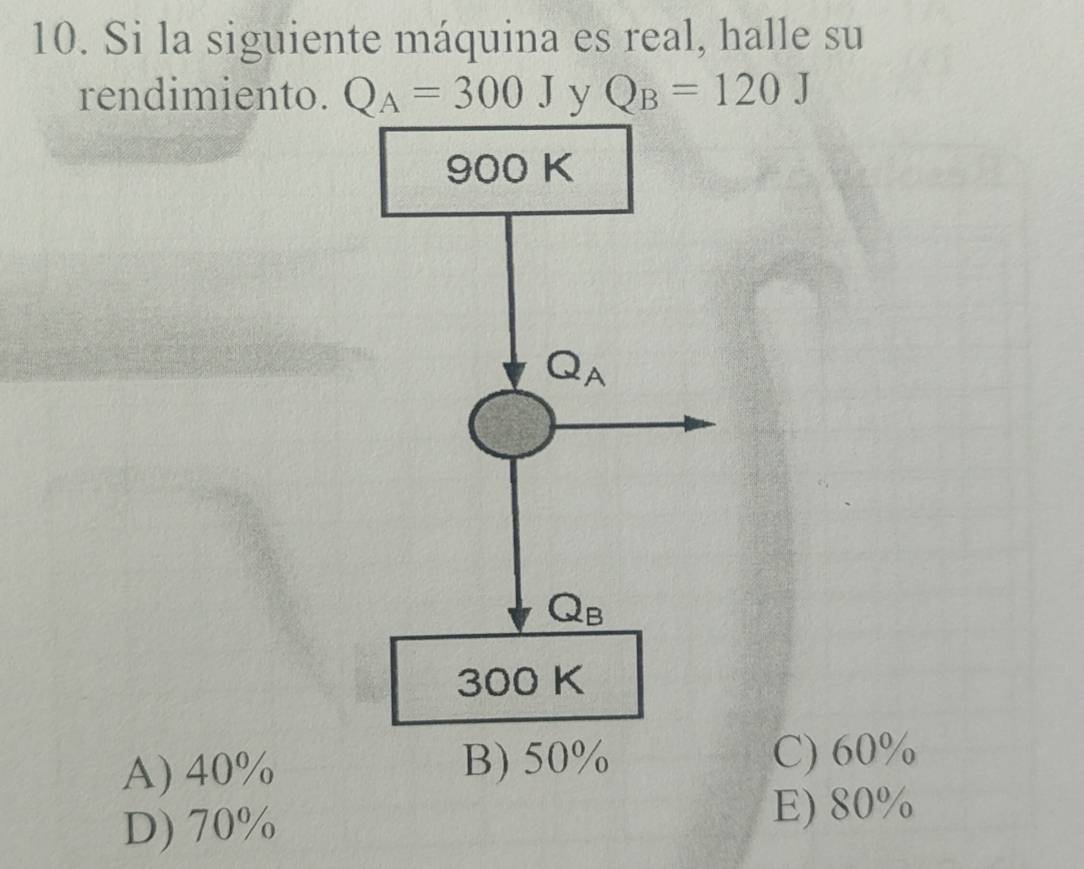 Si la siguiente máquina es real, halle su
rendimiento. Q_A=300J y Q_B=120J
A) 40% B) 50% C) 60%
D) 70%
E) 80%