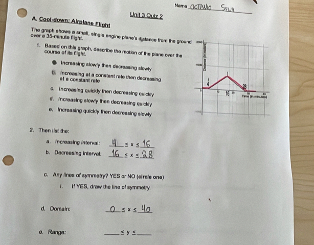 Name
Unit 3 Quiz 2
_
A. Cool-down: Airplane Flight
The graph shows a smail, single engine plane's distance from the groun
over a 35-minute flight.
1. Based on this graph, describe the motion of the plane over the
course of its flight.
Increasing slowly then decreasing slowly
Increasing at a constant rate then decreasing
at a constant rate
c. increasing quickly then decreasing quickly
d. Increasing slowly then decreasing quickly
e. Increasing quickly then decreasing slowly
2. Then list the:
a. Increasing interval: _ ≤ x≤ _
b. Decreasing interval: _ ≤ x≤
_
c. Any lines of symmetry? YES or NO (circle one)
I. If YES, draw the line of symmetry.
d. Domain: _ ≤ x≤ _
e. Range: _ ≤ y≤ _