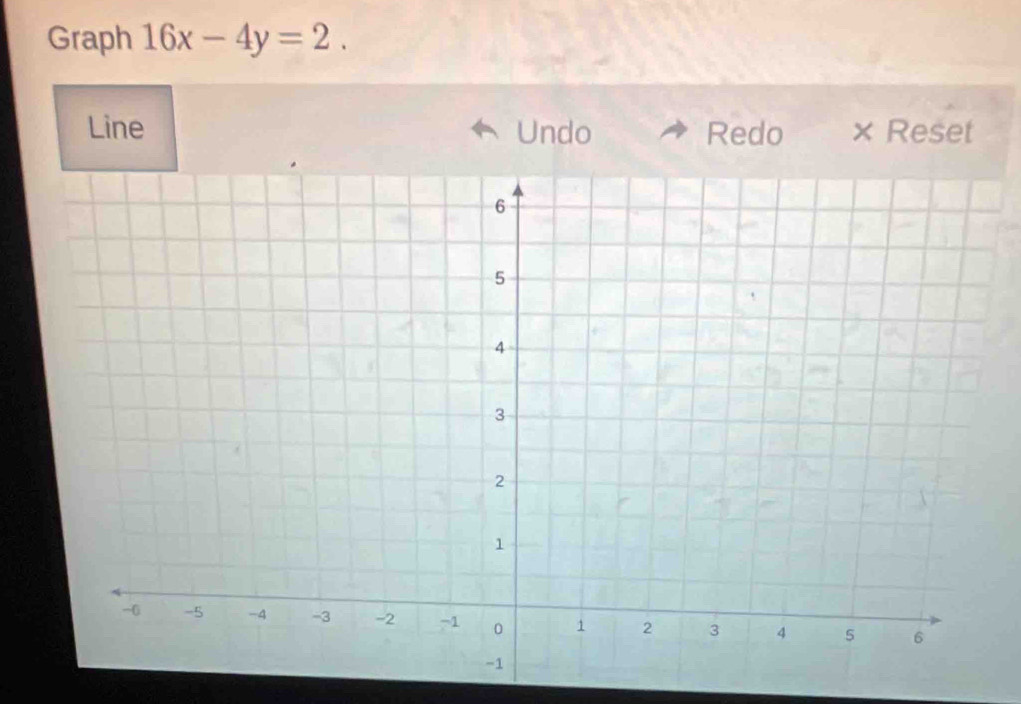 Graph 16x-4y=2. 
Line Undo Redo × Reset