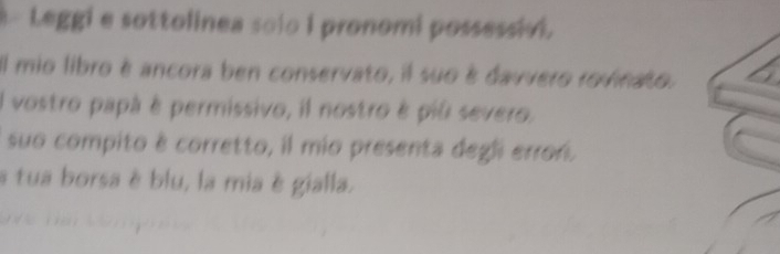 Leggi e sottolinea solo I pronomi possessivi. 
El mio libro é ancora ben conservato, il suo é davvero rovinato. 
Il vostro papà è permissivo, il nostro è più severo. 
suo compito è corretto, il mio presenta degli erron. 
a tua borsa è blu, la mia è gialla.