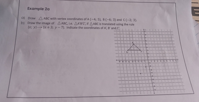 Example 2a 
α) Draw △ ABC with vertex coordinates of A(-4;5), B(-6;3) and C(-2;3). 
b) Draw the image of △ ABC :, i.e, △ A'B'C' if △ ABC is translated using the rule
(x;y)to (x+3;y-7). Indicate the coordinates of A , B'