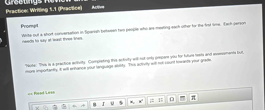 Solved: Greetings Rev Practice: Writing 1.1 (Practice) Active Prompt ...
