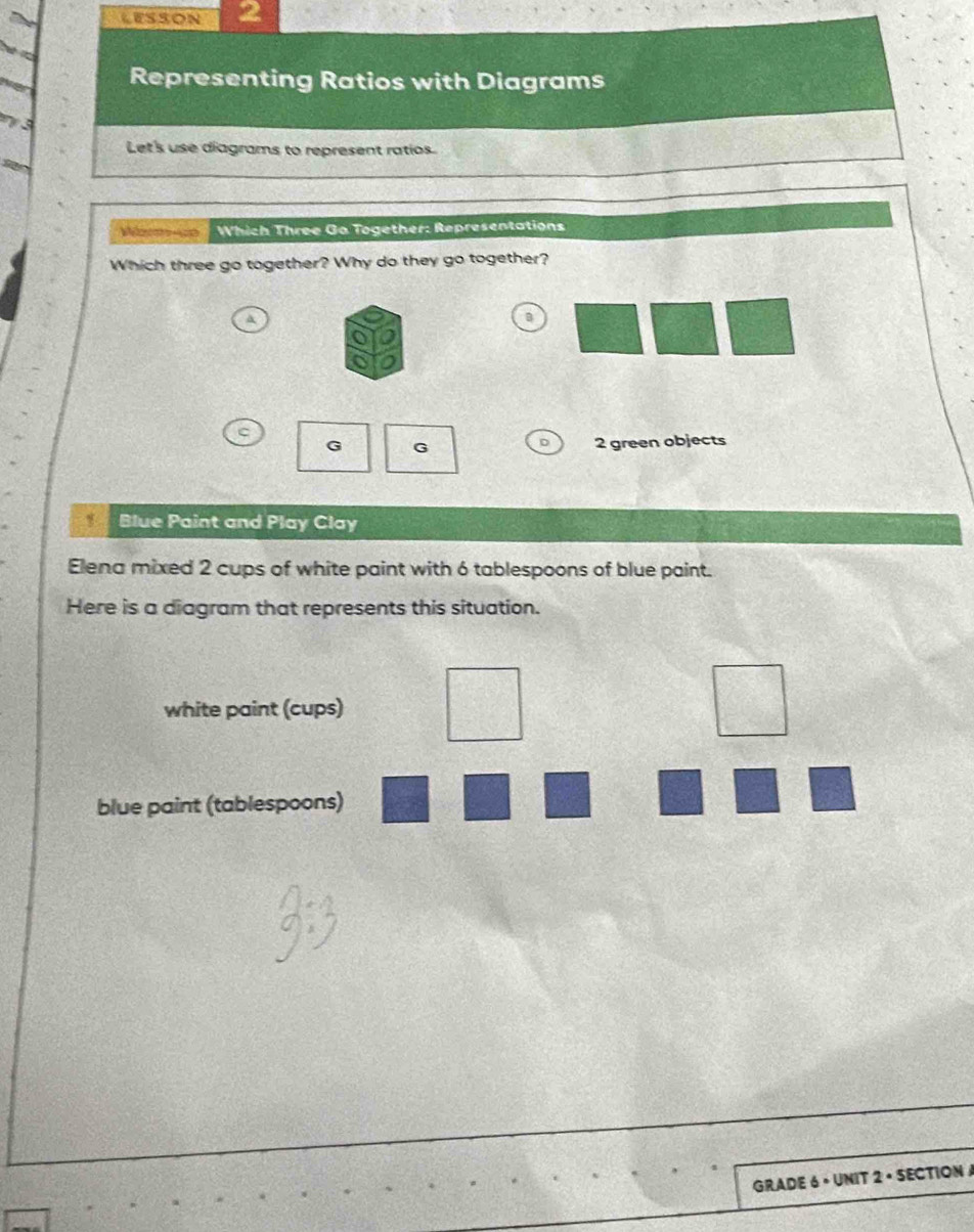 LeSSON
Representing Ratios with Diagrams
3
Let's use diagrams to represent ratios.
Wamco Which Three Go Together: Representations
Which three go together? Why do they go together?
A
B
C
G G 2 green objects
D
Blue Paint and Play Clay
Elena mixed 2 cups of white paint with 6 tablespoons of blue paint.
Here is a diagram that represents this situation.
white paint (cups)
blue paint (tablespoons)
GRADE 6 • UNIT 2 • SECTION