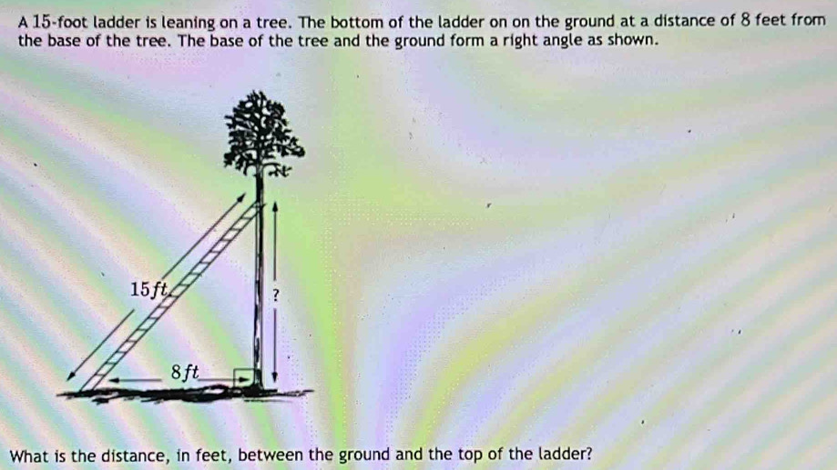 A 15-foot ladder is leaning on a tree. The bottom of the ladder on on the ground at a distance of 8 feet from 
the base of the tree. The base of the tree and the ground form a right angle as shown.
15ft
？
8ft
What is the distance, in feet, between the ground and the top of the ladder?