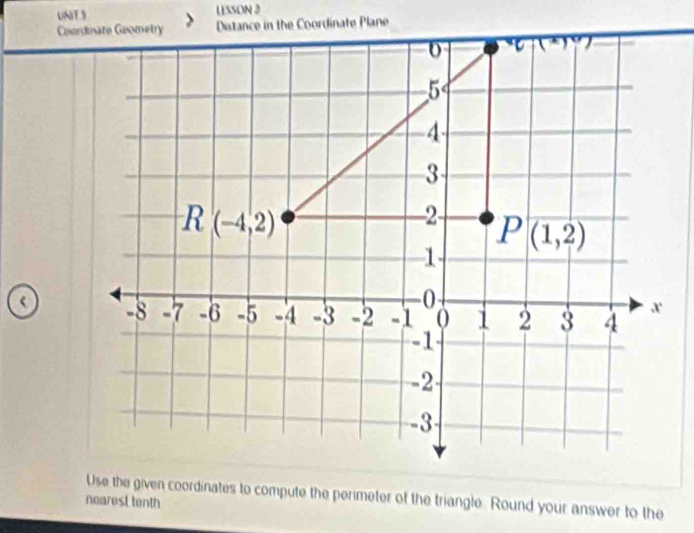 UNITS LSSON 3
(
Use the given coordinates to compute the perimeter of the triangle. Round your answer to the
nearest tenth