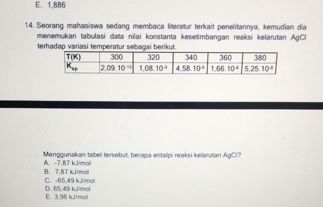 E. 1,886
14. Seorang mahasiswa sedang membaca literatur terkait penelitannya, kemudian dia
menemukan tabulasi data nilai konstanta kesetimbangan reaksi kelarutan AgCl
terhadap variasi temperatur sebagai berikut.
Menggunakan tabel tersebut, berapa entalpi reaksi kelarutan AgCl?
A. -7,87 kJ/mol
B. 7,87 kJ/mol
C. -65,49 kJ/mol
D. 65,49 kJ/mol
E. 3,96 kJ/mol