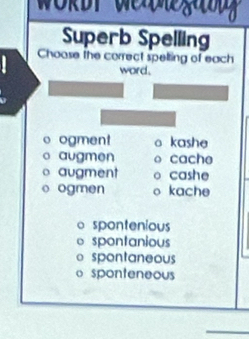 Superb Spelling
Choose the correct spelting of each
word.
o ogment o kashe
。 augmen cache
augment cashe
ogmen kache
。 spontenious
spontanious
。 spontaneous
o sponteneous
_