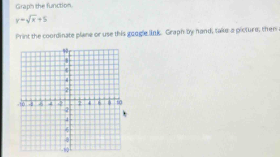 Graph the function.
y=sqrt(x)+5
Print the coordinate plane or use this google link. Graph by hand, take a picture, then