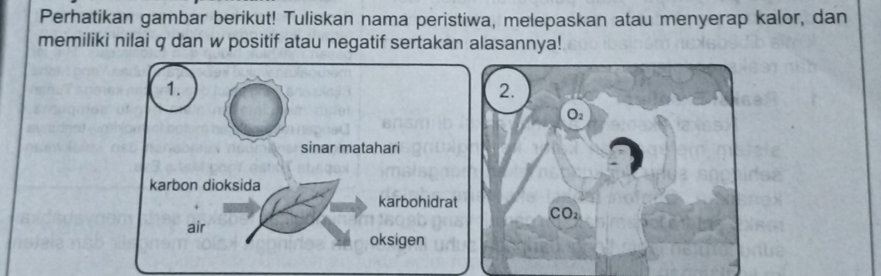 Perhatikan gambar berikut! Tuliskan nama peristiwa, melepaskan atau menyerap kalor, dan
memiliki nilai q dan w positif atau negatif sertakan alasannya!