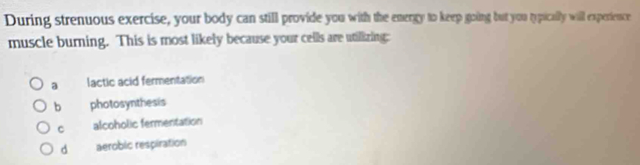 During strenuous exercise, your body can still provide you with the energy to keep going but you upically will experience
muscle burning. This is most likely because your cells are utilkzing:
a lactic acid fermentation
b photosynthesis
C alcoholic fermentation
d aerobic respiration