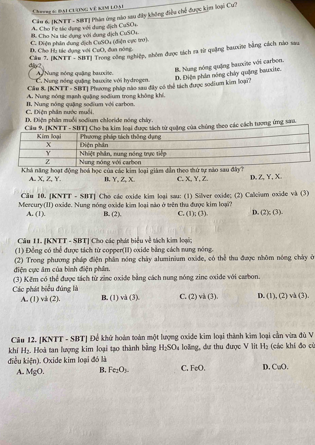 Chương 6: Đại CươnG Về KIM LOại
Câu 6. [KNTT - SBT| Phản ứng nào sau đây không điều chế được kim loại Cu?
A. Cho Fe tác dụng với dung dịch CuSO₄.
B. Cho Na tác dụng với dung dịch CuSO4.
C. Điện phân dung dịch CuSO₄ (điện cực trợ).
D. Cho H₂ tác dụng với CuO, đun nóng.
Cầu 7. [KNTT - SBT] Trong công nghiệp, nhôm được tách ra từ quặng bauxite bằng cách nào sau
B. Nung nóng quặng bauxite với carbon.
dây?
A Nung nóng quặng bauxite.
C. Nung nóng quặng bauxite với hydrogen.
D. Điện phân nóng chảy quặng bauxite.
Câu 8. [KNTT - SBT] Phương pháp nào sau đây có thể tách được sodium kim loại?
A. Nung nóng mạnh quặng sodium trong không khí.
B. Nung nóng quặng sodium với carbon.
C. Điện phân nước muối.
D. Điện phân muối sodium chloride nóng chảy.
Câu 9. [KNTT - SBT] Cho ba kim loại được tách từ quặng của chúng theo các cách tương ứng sau.
Khả năng hoạt động hoá học của các kim loại giảm dần theo thứ tự nào sau đây?
A. X, Z, Y. B. Y, Z, X. C. X, Y, Z. D. Z, Y, X.
Câu 10. [KNTT - SBT] Cho các oxide kim loại sau: (1) Silver oxide; (2) Calcium oxide và (3)
Mercury(II) oxide. Nung nóng oxide kim loại nào ở trên thu được kim loại?
A. (1). B. (2). C. (1); (3). D. (2); (3).
Câu 11. [KNTT - SBT] Cho các phát biểu về tách kim loại;
(1) Đồng có thể được tách từ copper(II) oxide bằng cách nung nóng.
(2) Trong phương pháp điện phân nóng chảy aluminium oxide, có thể thu được nhôm nóng chảy ở
điện cực âm của bình điện phân.
(3) Kẽm có thể được tách từ zinc oxide bằng cách nung nóng zinc oxide với carbon.
Các phát biểu đúng là
A. (1) và (2). B. (1) và (3). C. (2) va(3) D. (1), (2) và (3).
Câu 12. [KNTT - SBT] Để khử hoàn toàn một lượng oxide kim loại thành kim loại cần vừa đủ V
khí H_2. Hoà tan lượng kim loại tạo thành bằng H_2SO_4 loãng, dư thu được V lít H_2 (các khí đo cù
điều kiện). Oxide kim loại đó là
A. MgO. Fe_2O_3. C. FeO. D. CuO.
B.