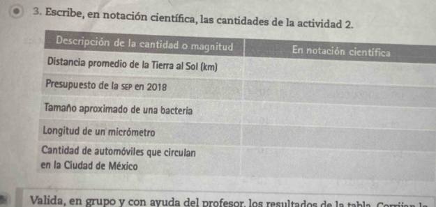 Escribe, en notación científica, las cantidades de la actividad 2. 
Valida, en grupo y con avuda del profesor, los resultados de la tabla Corriían la