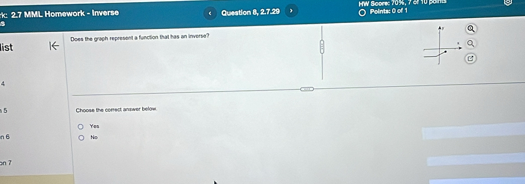 HW Score: 70%, 7 of 10 points
rk: 2.7 MML Homework - Inverse Question 8, 2.7.29 , Points: 0 of 1
S
Does the graph represent a function that has an inverse? Y
list
a
4
5 Choose the correct answer below.
Yes
n 6 No
on 7