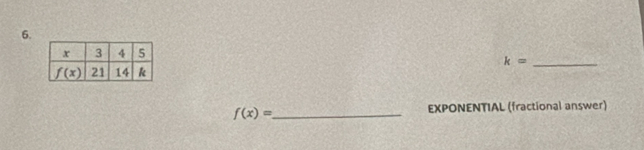 k=
f(x)= _
EXPONENTIAL (fractional answer)