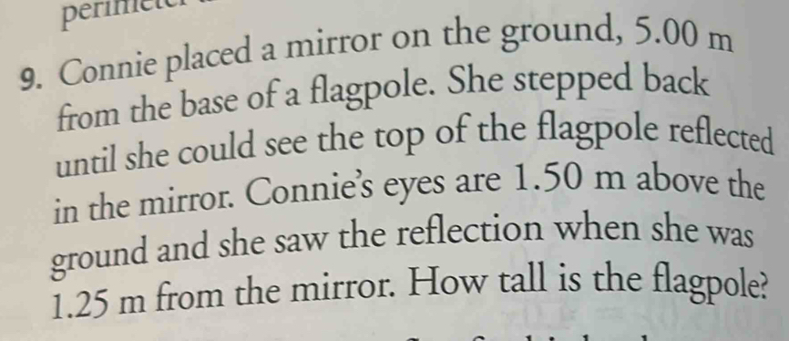 Solved: perimett 9. Connie placed a mirror on the ground, 5.00 m from ...