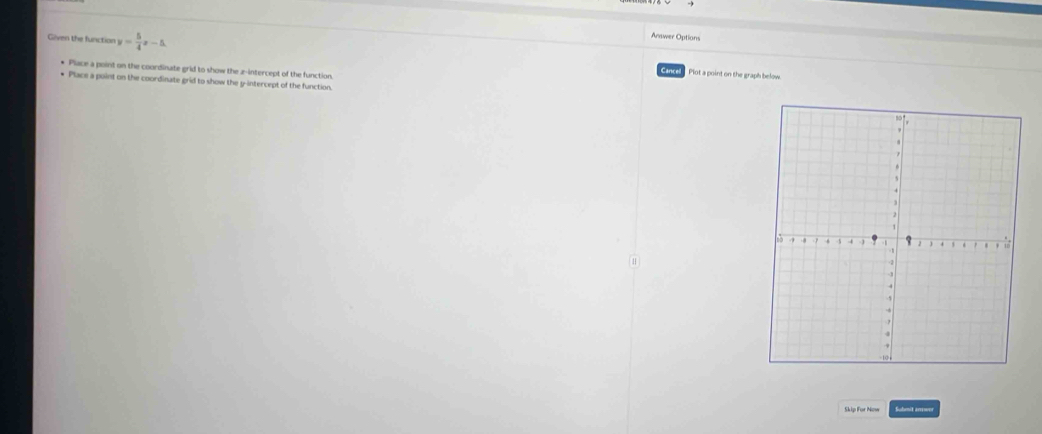 Given the functio= y= 5/4 x-5. 
Anwer Options 
Place a point on the coordinate grid to show the z -intercept of the function 
Plot a point on the graph below. 
* Place a point on the coordinate grid to show the y-intercept of the function. 
Skip For Now Subenit arreowen
