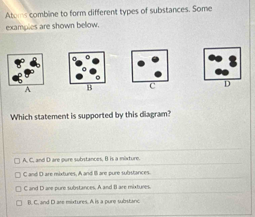 Solved: Atoms combine to form different types of substances. Some ...