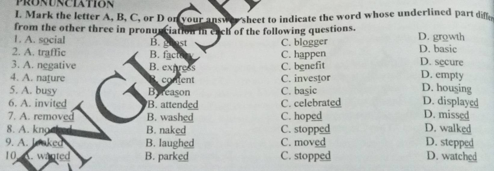 PRONUNCIATION
I. Mark the letter A, B, C, or D on your answer sheet to indicate the word whose underlined part differ
from the other three in pronunciation in each of the following questions.
1. A. social B. guost C. blogger
D. growth
D. basic
2. A. traffic B. factory C. happen D. secure
3. A. negative B. express C. benefit
4. A. nature Recontent C. investor
D. empty
5. A. busy Byreason C. basic
D. housing
6. A. invited B. attended C. celebrated D. displayed
7. A. removed B. washed C. hoped D. missed
8. A. kng B. naked C. stopped D. walked
9. A. looked B. laughed C. moved D. stepped
10 A. wanted B. parked C. stopped D. watched