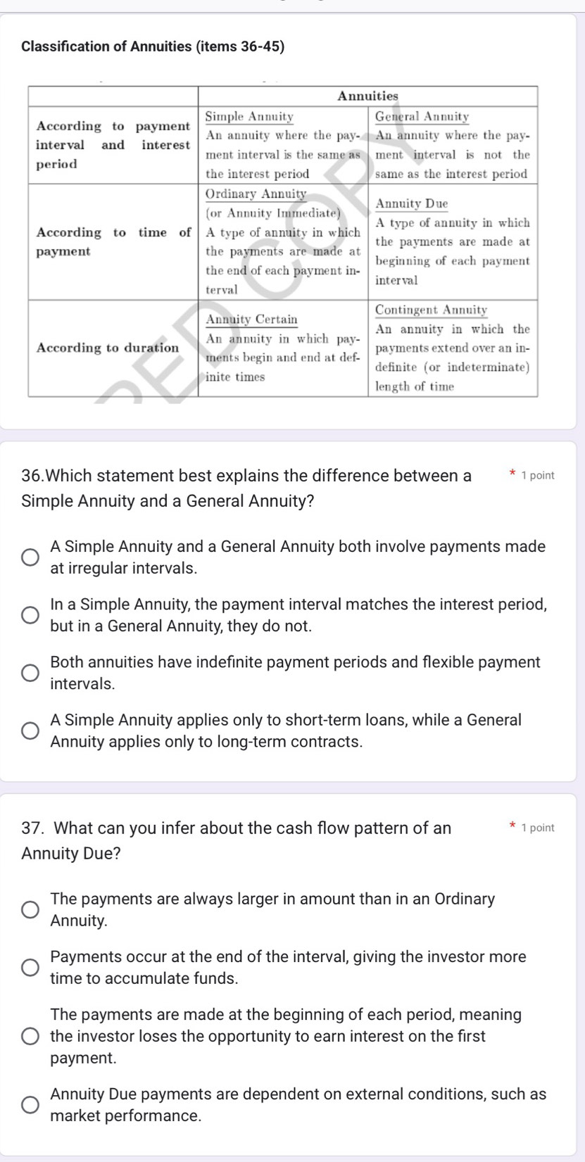 Classification of Annuities (items 36-45)
36.Which statement best explains the difference between a 1 point
Simple Annuity and a General Annuity?
A Simple Annuity and a General Annuity both involve payments made
at irregular intervals.
In a Simple Annuity, the payment interval matches the interest period,
but in a General Annuity, they do not.
Both annuities have indefinite payment periods and flexible payment
intervals.
A Simple Annuity applies only to short-term loans, while a General
Annuity applies only to long-term contracts.
37. What can you infer about the cash flow pattern of an 1 point
Annuity Due?
The payments are always larger in amount than in an Ordinary
Annuity.
Payments occur at the end of the interval, giving the investor more
time to accumulate funds.
The payments are made at the beginning of each period, meaning
the investor loses the opportunity to earn interest on the first
payment.
Annuity Due payments are dependent on external conditions, such as
market performance.