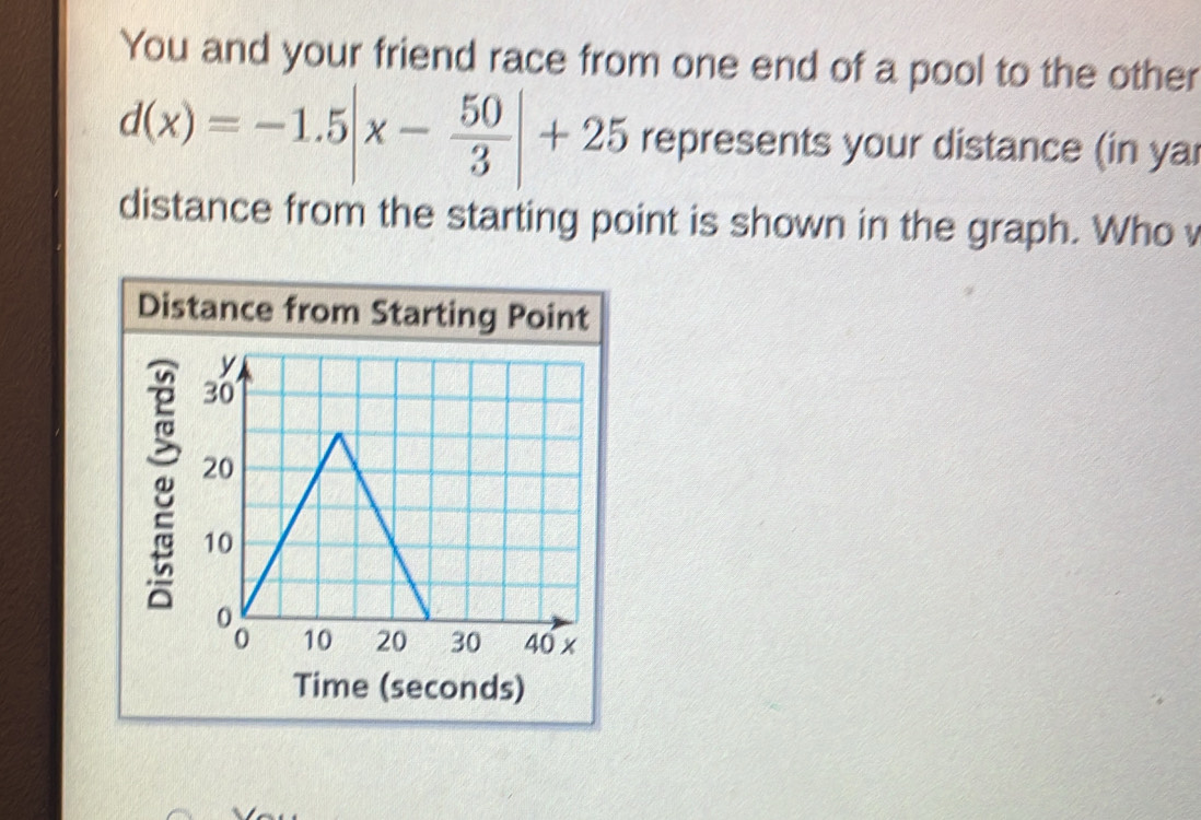 You and your friend race from one end of a pool to the other
d(x)=-1.5|x- 50/3 |+25 represents your distance (in ya 
distance from the starting point is shown in the graph. Who v 
Distance from Starting Point 
Time (seconds)