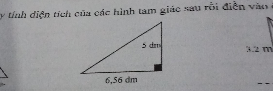 tính diện tích của các hình tam giác sau rồi điền vào ở
3.2 m