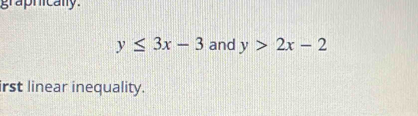 graphicany.
y≤ 3x-3 and y>2x-2
irst linear inequality.