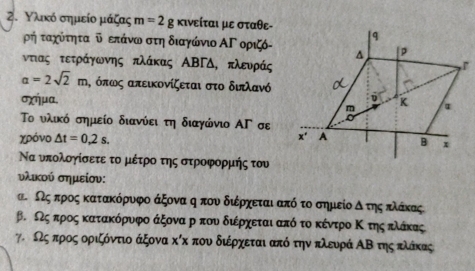 Υλικό σημείο μάζας m=2g κινείται με σταθε-
ρή ταχότητα υ επάνω στη διαγώνιο ΑΓ οριζό-
ντιας τετράγωνης πλάκας ΑΒΓΔ, πλευράς
a=2sqrt(2)m , όπως απεικονίζεται στο διπλανό
σχήμα, 
Το υλικό σημείο διανύει τη διαγώνιο ΑΓ σε
χρόνo △ t=0,2s. 
Να υπολογίσετε το μέτρο της στροφορμής του
υλικού σημείου:
α Νςαπροςα κατακόρυνφο άξονα ηα πουα διέρχεται από το σημείο δατηςακλάκας
β. ος προςακατακόρυνφο άξονα ρ που διέρχεταιααπό τοο κέντρο Κοτηςακλόάκας
γ ρςαπροςαοριξόντιο άξονα κόκ που διέρχεται από την πλευρά ΑΒ τηςακλάκας